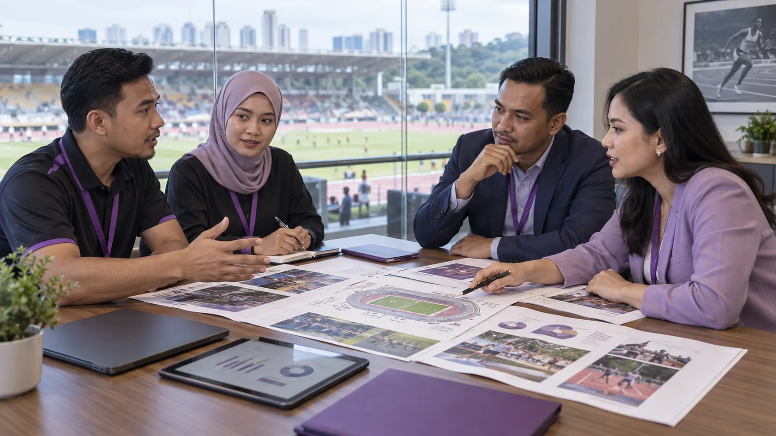 Malaysian sports event organisers and brand representatives reviewing a sponsorship proposal at a stadium
