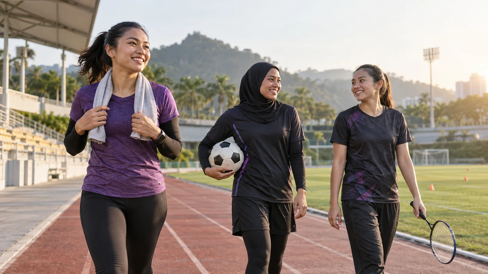 Malaysian women athletes in running, football and badminton at a sports complex