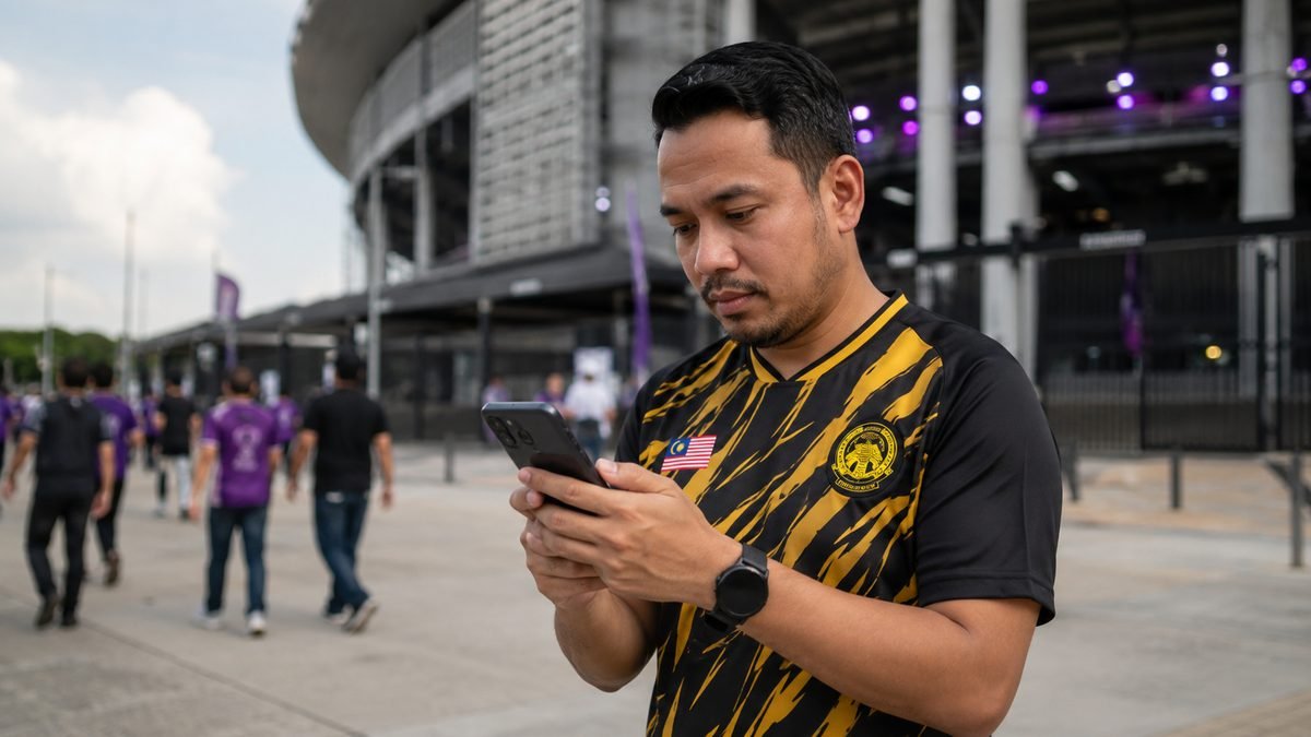 Malaysian sports fan checking event information on a phone outside a stadium