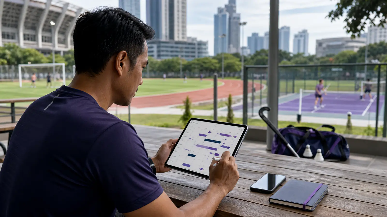 Adult Malaysian sports planner reviewing a conceptual multi-sport calendar on a tablet