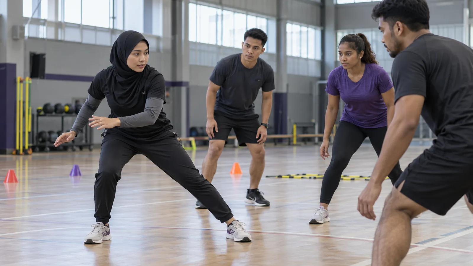 Malaysian sports coach demonstrates a training drill to a diverse group of adult athletes in an indoor sports hall