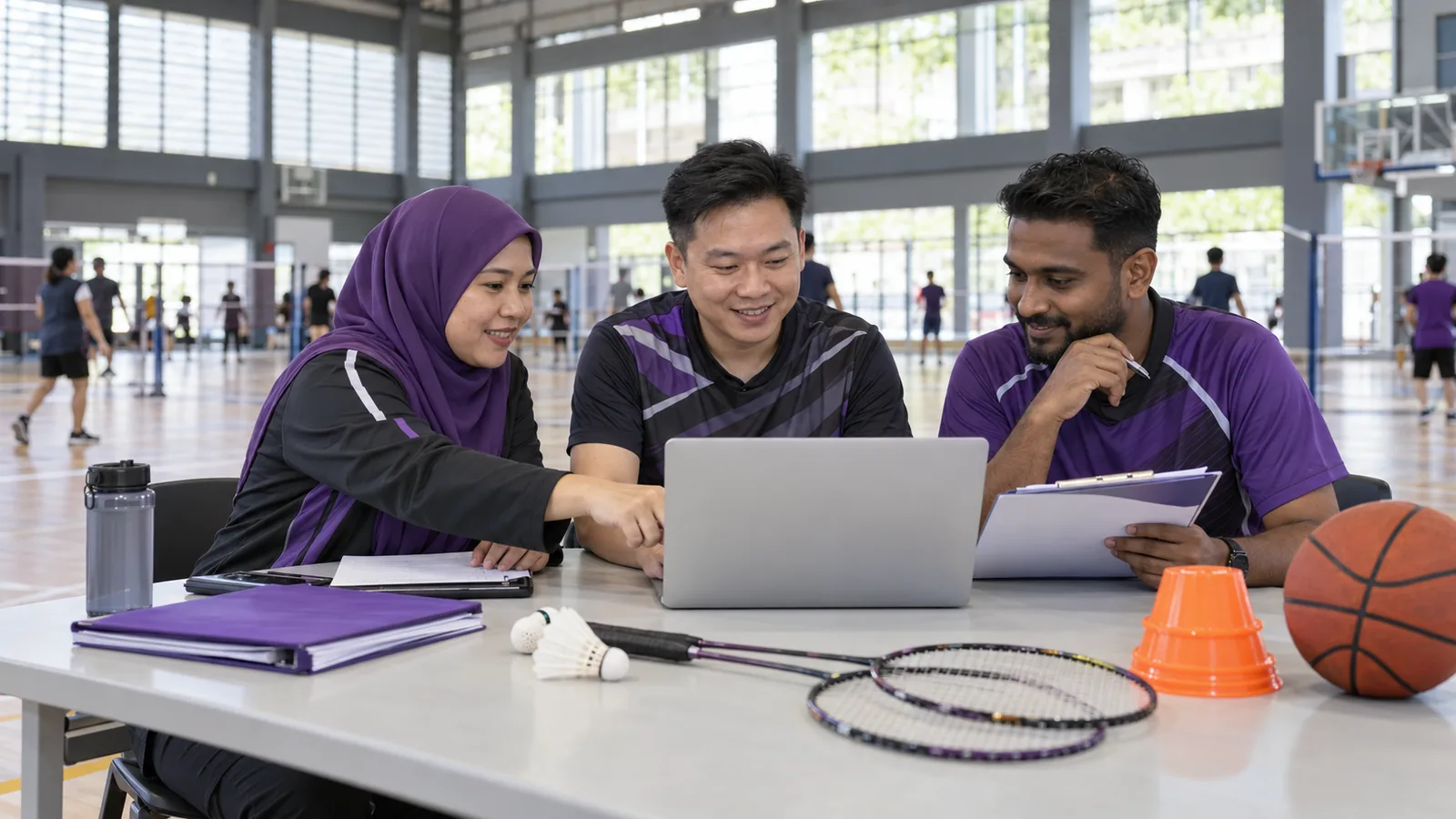 Malaysian sports club committee reviewing a sports grant budget and event plan