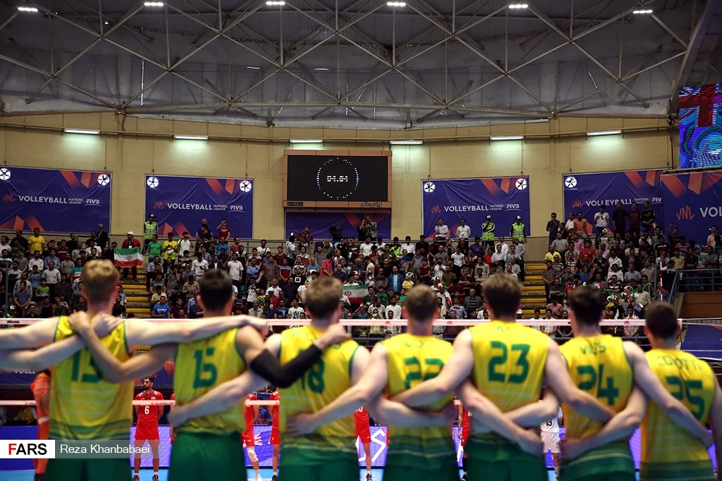 Players compete in a men's Volleyball Nations League match.