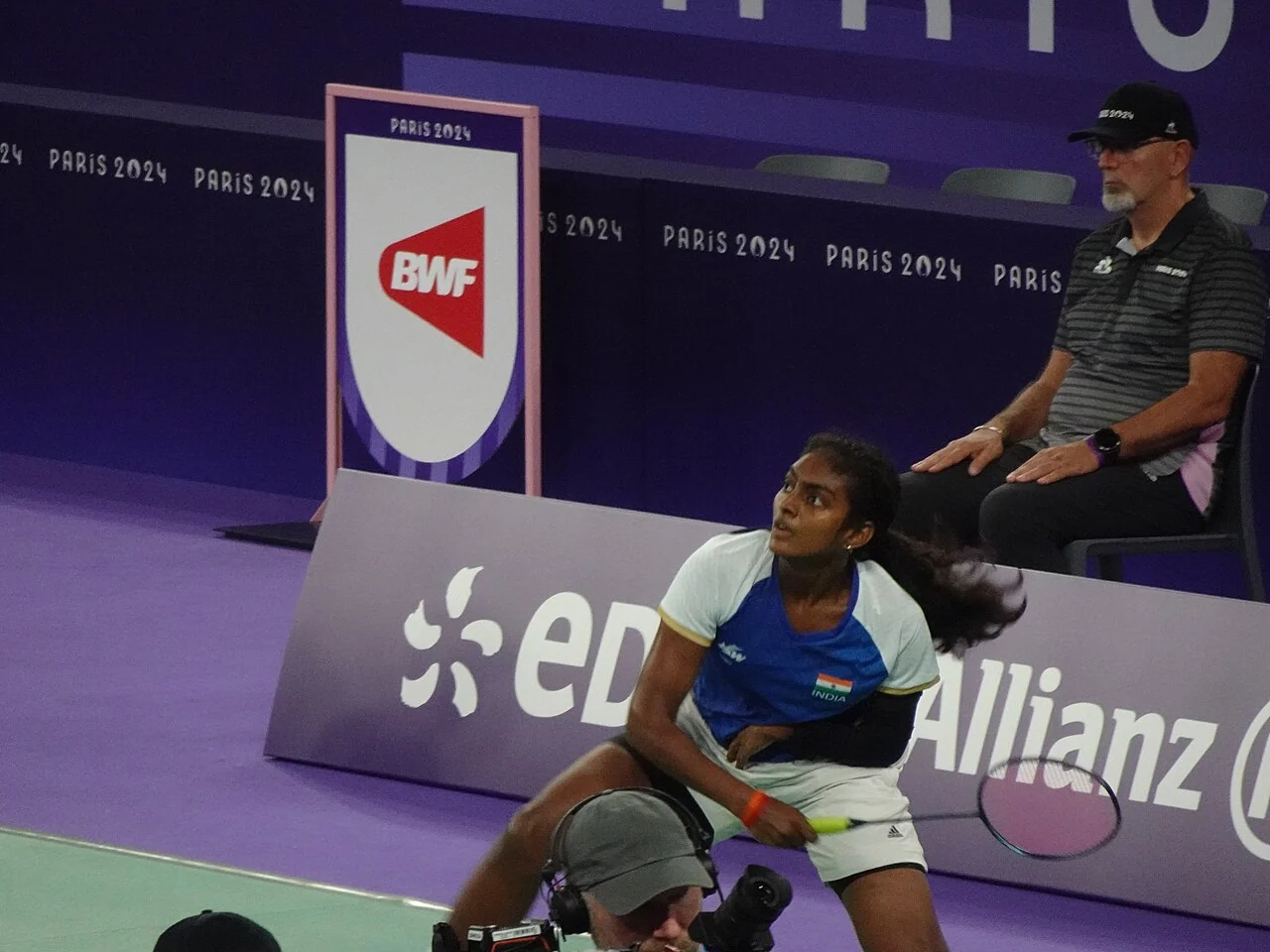 Indian badminton player Thulasimathi Murugesan competes in a singles match in Paris.