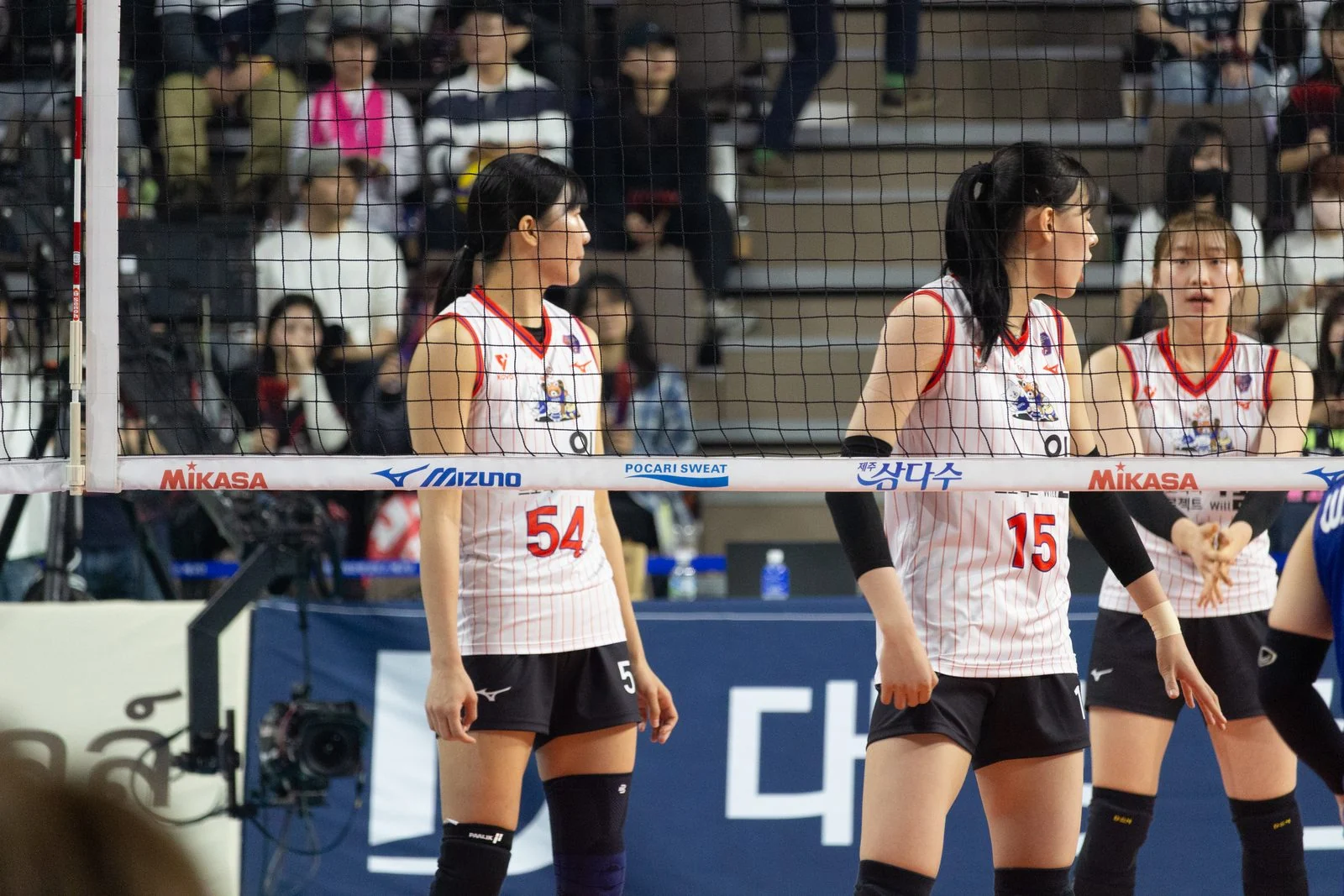 An international women's volleyball team gathers before a match.