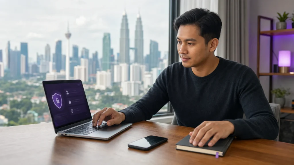 Malaysian adult reviewing privacy and account security settings on a laptop