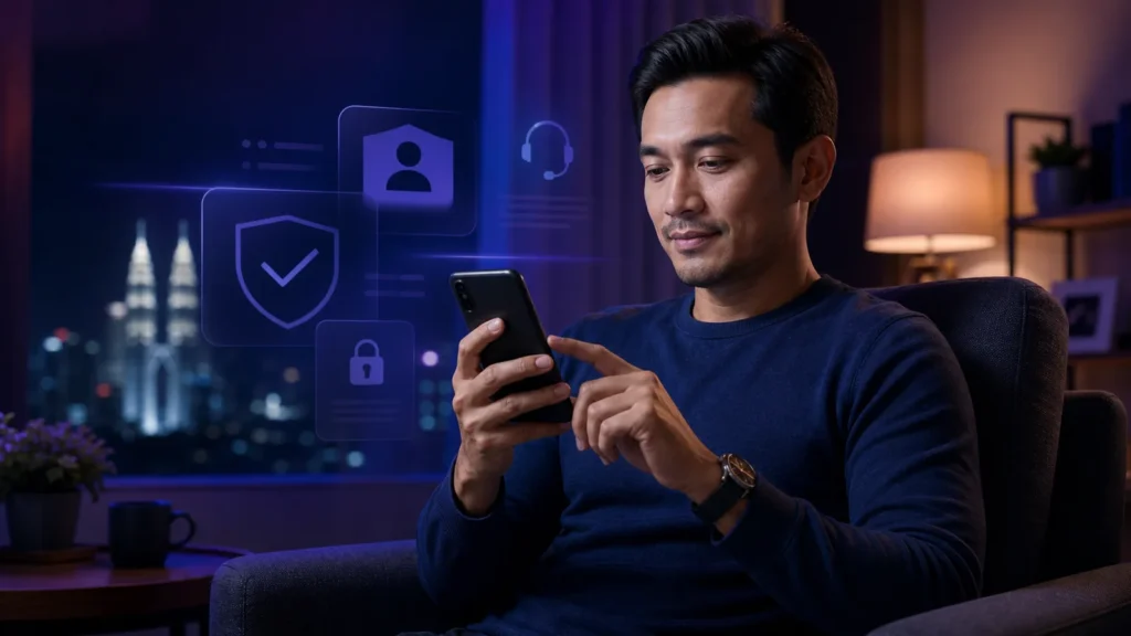 Malaysian adult reviewing mobile entertainment access, support and account controls