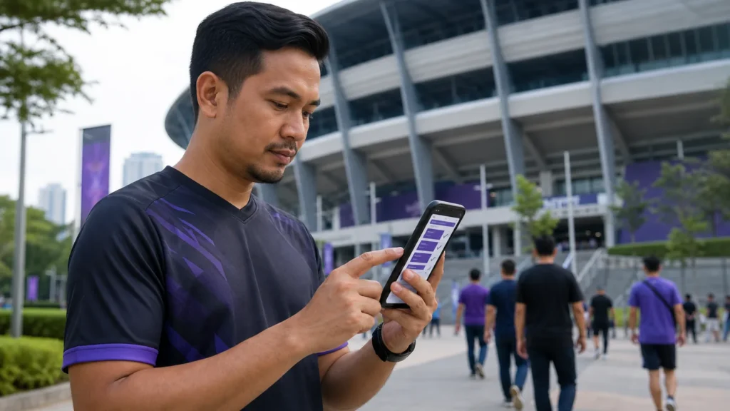 Adult Malaysian sports attendee checking official event information on a phone outside a stadium