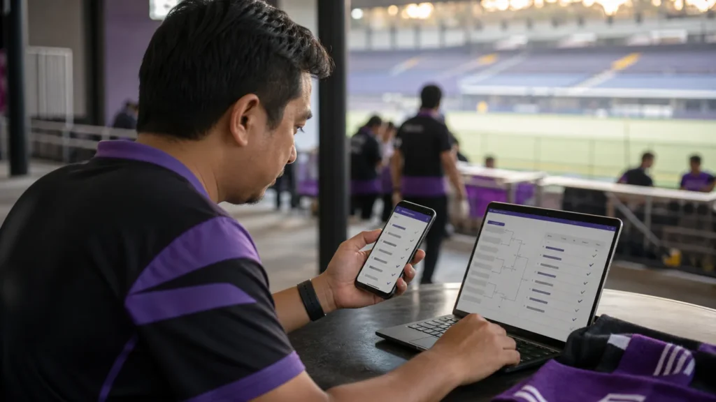 Adult Malaysian sports reader checking official results and schedules on digital devices