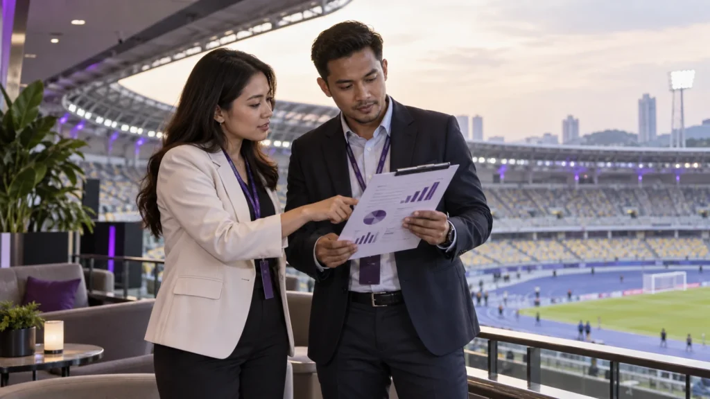 Malaysian sports marketing team reviewing sponsorship ROI measurements at a stadium.