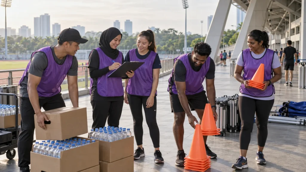 Malaysian sports event volunteers preparing equipment at a stadium