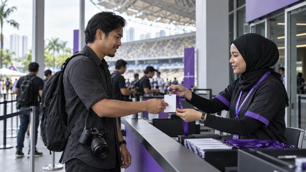 Malaysian sports journalist receiving an event credential at a stadium media accreditation desk