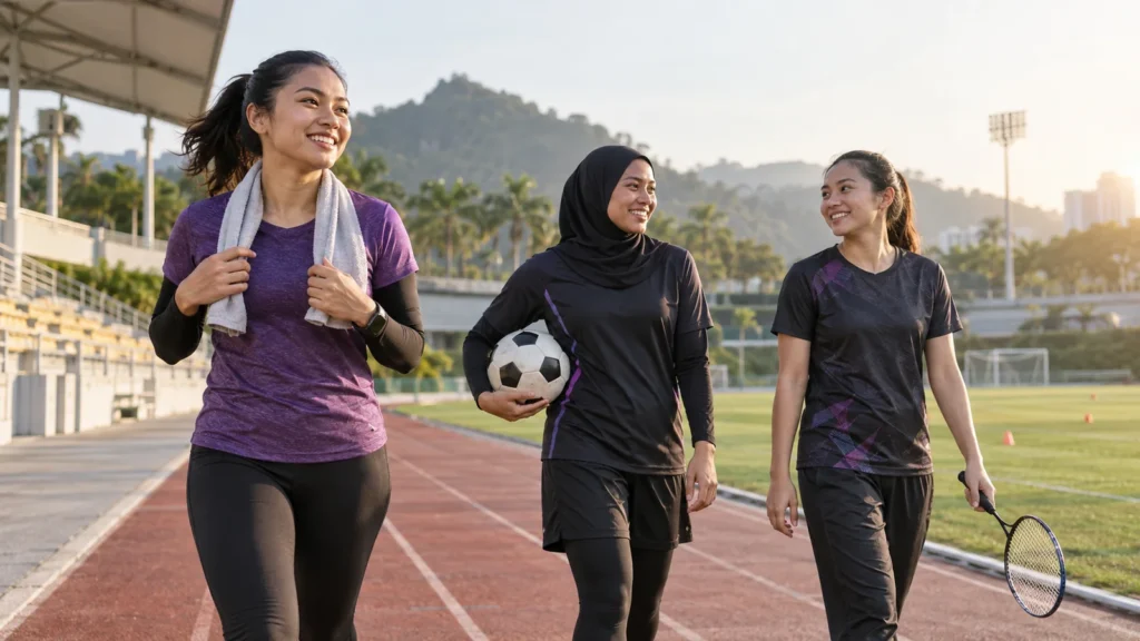 Malaysian women athletes in running, football and badminton at a sports complex