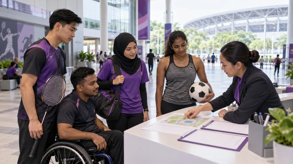 Malaysian athletes and a sports administrator at a national sports complex