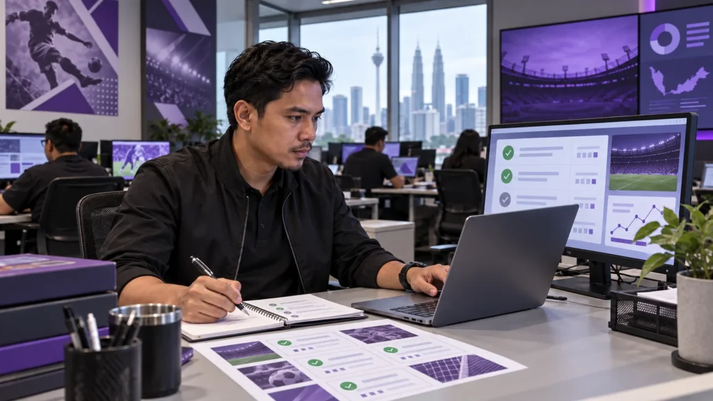 Malaysian sports editor reviewing source checks and sports reports in a Kuala Lumpur newsroom