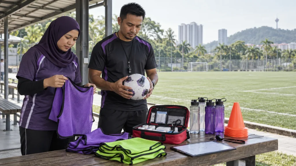 Adult coach and parent checking equipment, water and first-aid supplies before a youth sports session in Malaysia.