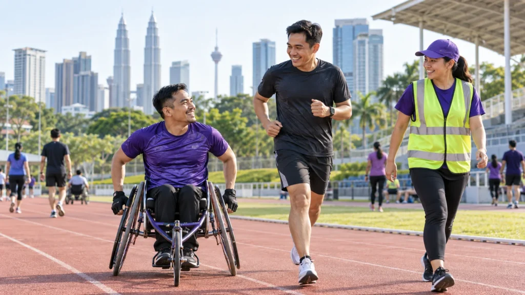 Wheelchair athlete, runner and event marshal at a conceptual inclusive sports event in Kuala Lumpur