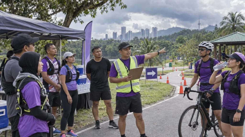 Outdoor sports participants check weather information, drinking water and safety gear before an event in Malaysia