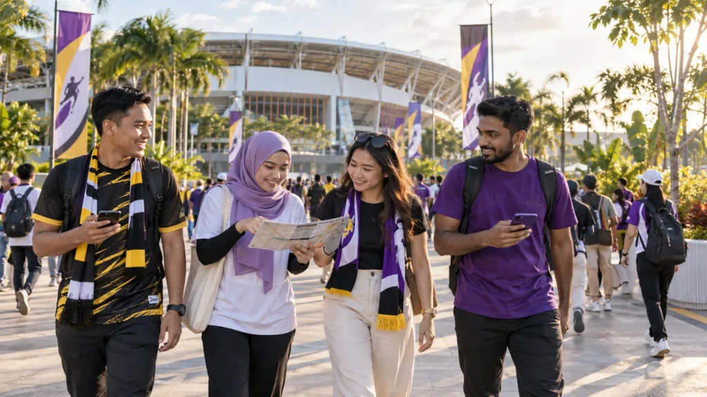 Malaysian sports fans use an event map outside a modern multi-sport venue ahead of a major 2027 competition
