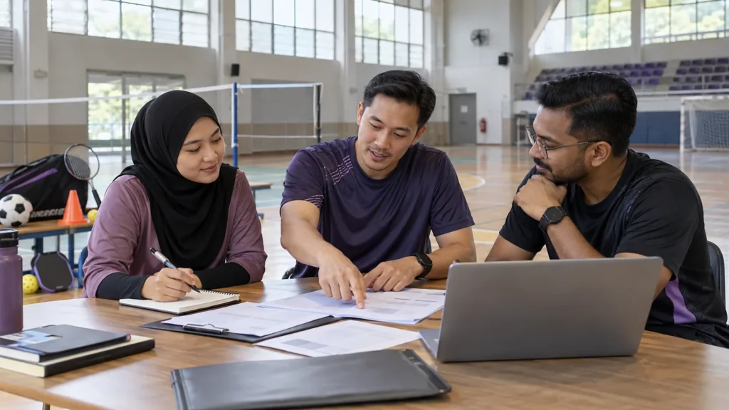 Malaysian adults review sports club registration documents together in a community indoor sports hall
