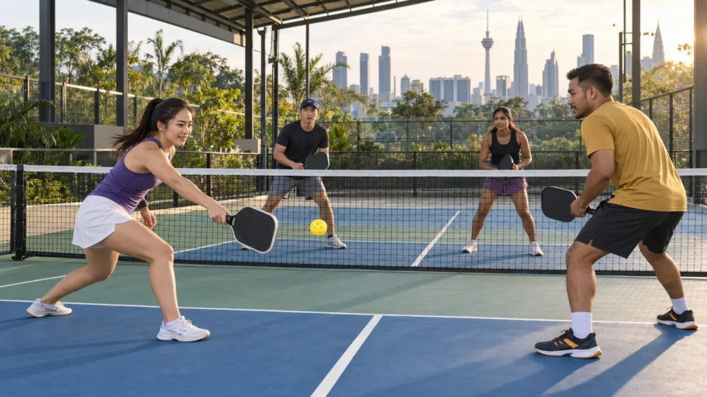 Malaysian adults playing doubles pickleball on a covered court in Kuala Lumpur